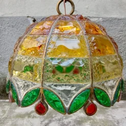 Pamono Vintage Chiseled Iron and Glass Pendant, 1960s