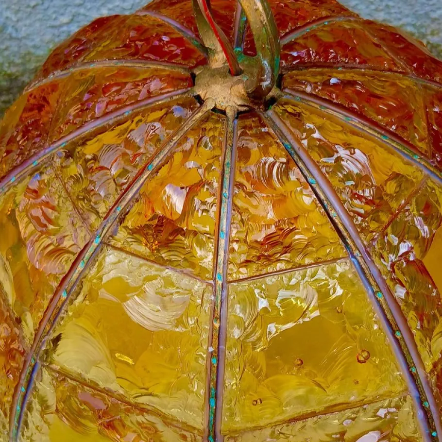 Pamono Vintage Chiseled Iron and Glass Pendant, 1960s