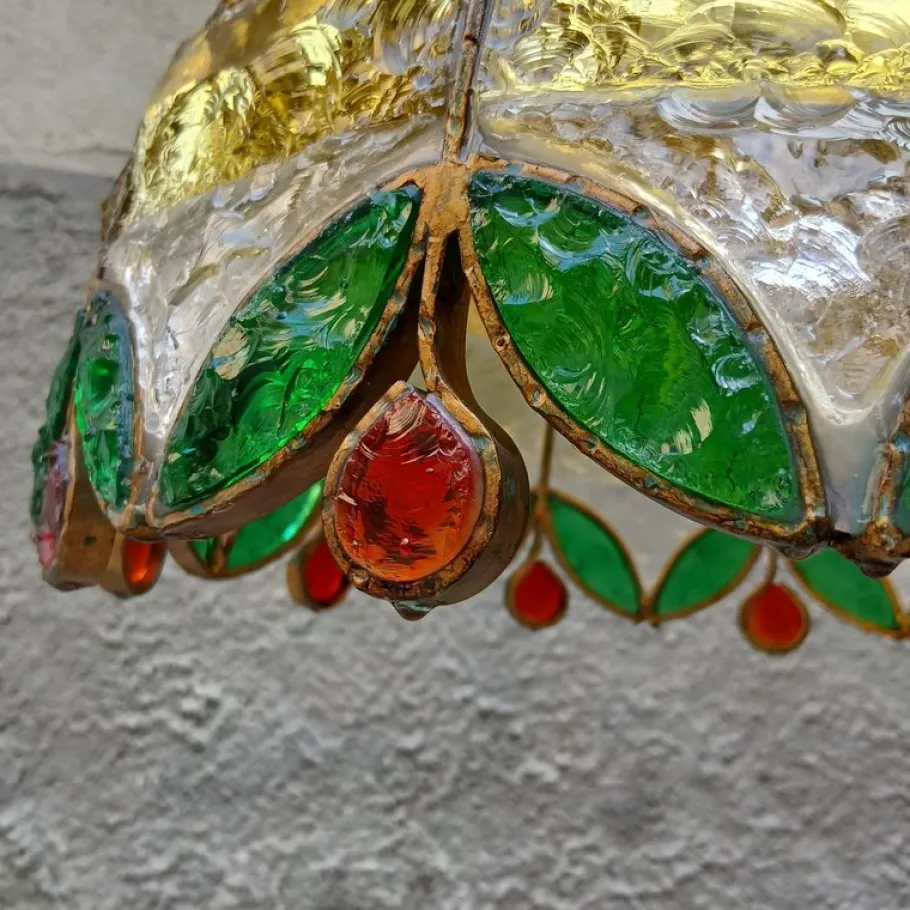 Pamono Vintage Chiseled Iron and Glass Pendant, 1960s