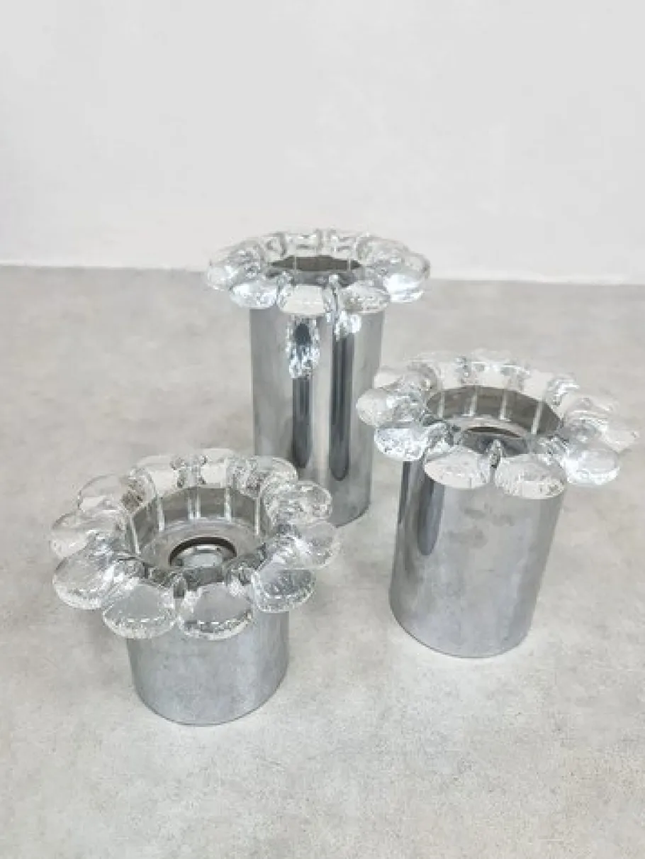 Pamono Vintage Chrome and Glass Flower Wall Sconces, 1970s, Set of 3