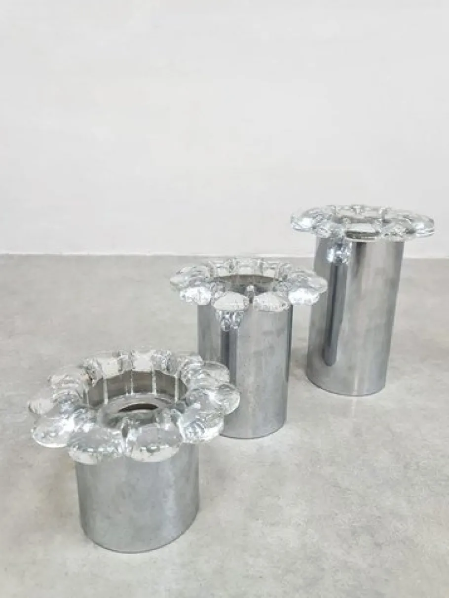 Pamono Vintage Chrome and Glass Flower Wall Sconces, 1970s, Set of 3