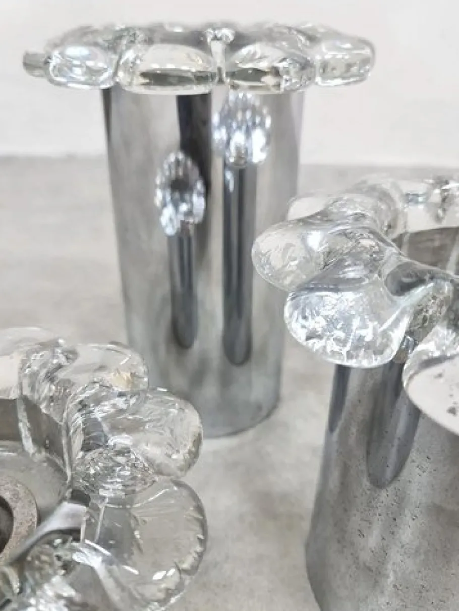 Pamono Vintage Chrome and Glass Flower Wall Sconces, 1970s, Set of 3