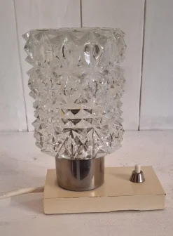 Sale Pamono Vintage Cream Bedside Lamp with Chrome-Plated Metal Fitting and Clear Relief Glass Shade from Hillebrand-Leuchten, 1970s