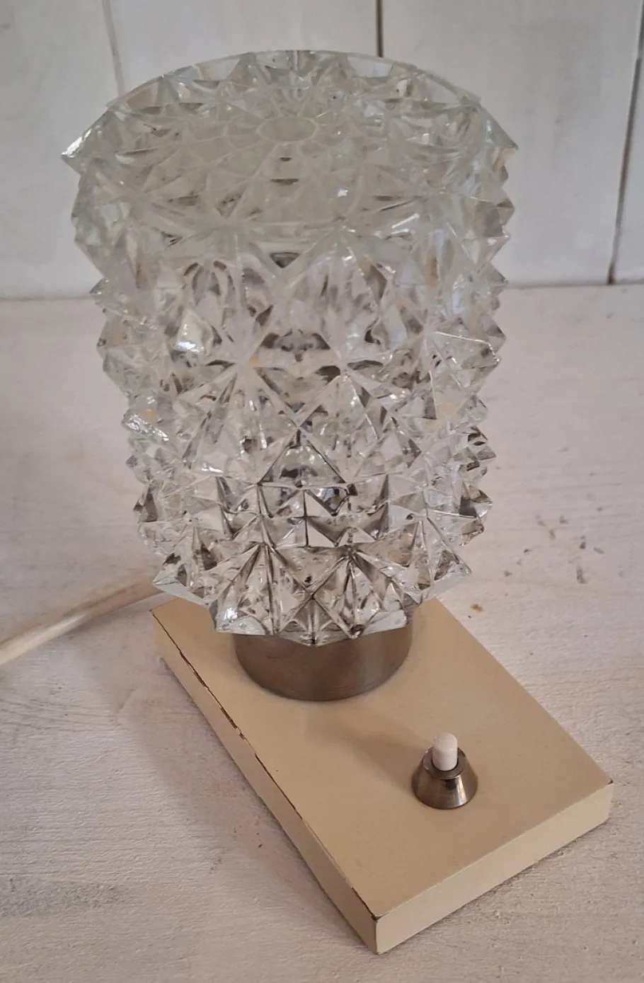 Sale Pamono Vintage Cream Bedside Lamp with Chrome-Plated Metal Fitting and Clear Relief Glass Shade from Hillebrand-Leuchten, 1970s