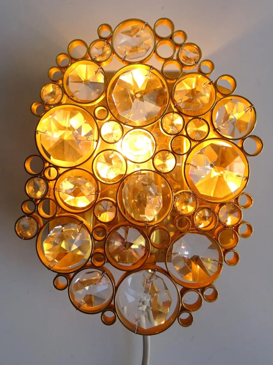 Best Pamono Vintage Crystal Wall Lamp in Gilded Brass from Palwa, 1950s