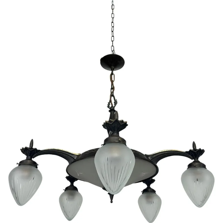 Best Pamono Vintage Cubist Bronze Chandelier, 1930s