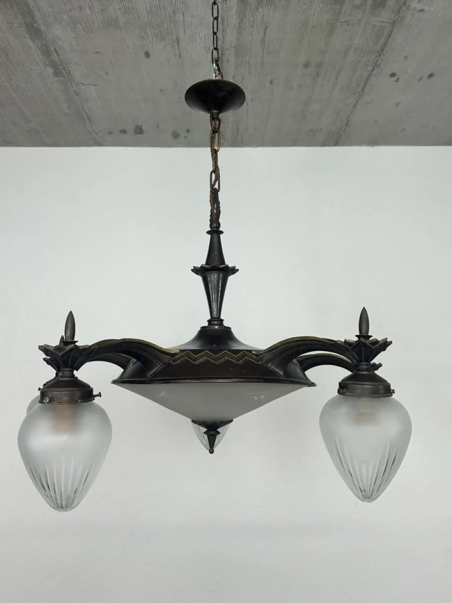 Best Pamono Vintage Cubist Bronze Chandelier, 1930s