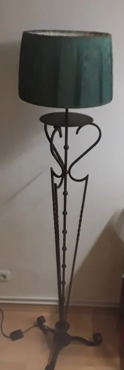 New Pamono Vintage Floor Lamp from with Filigree Iron Frame and Handmade Green Fabric Shade from Lamplove, 1980s