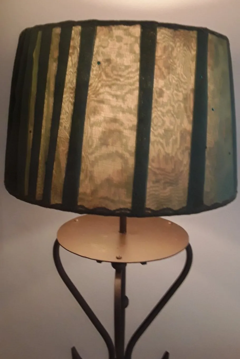 New Pamono Vintage Floor Lamp from with Filigree Iron Frame and Handmade Green Fabric Shade from Lamplove, 1980s