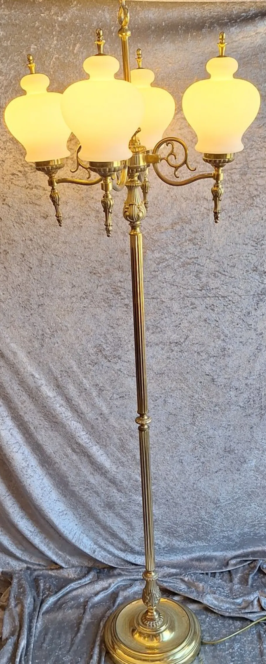 Hot Pamono Vintage Floor Lamp with Decorated Brass Frame and Four Opaque White Glass Shades, 1970s