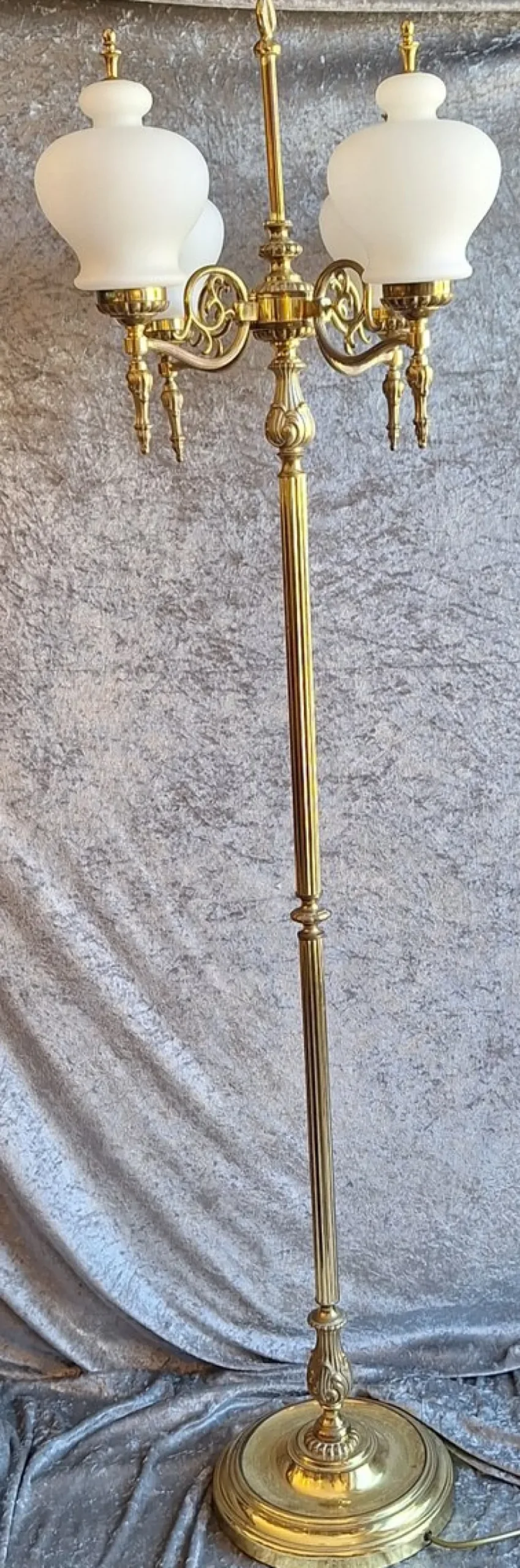 Hot Pamono Vintage Floor Lamp with Decorated Brass Frame and Four Opaque White Glass Shades, 1970s