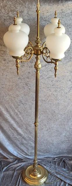 Hot Pamono Vintage Floor Lamp with Decorated Brass Frame and Four Opaque White Glass Shades, 1970s