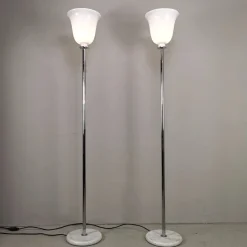 Pamono Vintage Floor Lamps with Marble Base, Chromed Plated Stem and White Glass Diffuser in the Style of Venini, 1970s, Set of 2