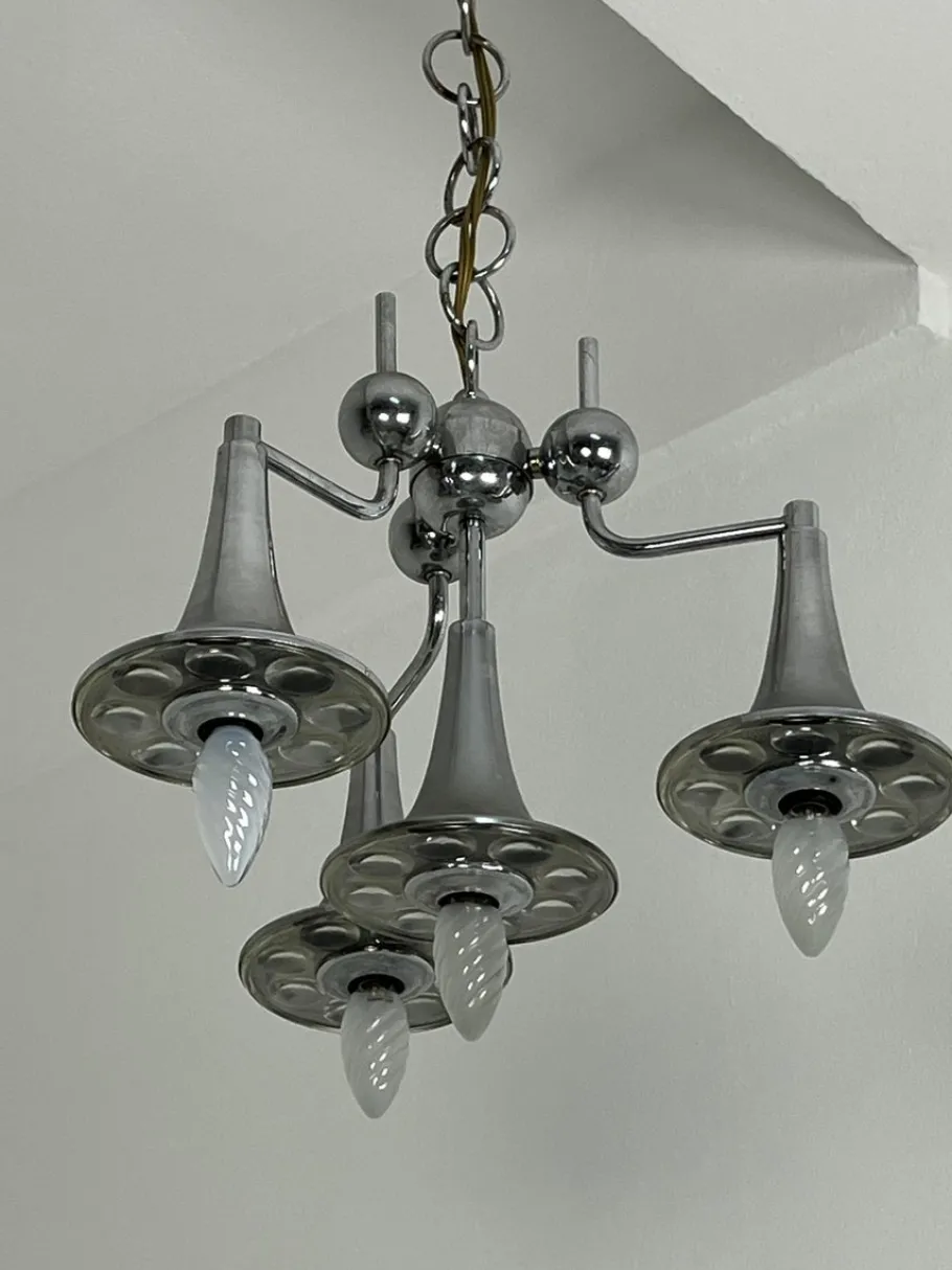 Hot Pamono Vintage Four-Light Chandelier in Steel and Murano Glass in the style of Reggiani, 1960s