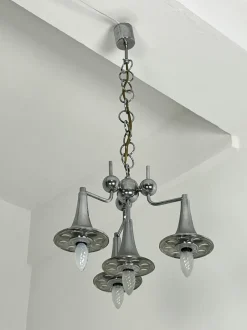 Hot Pamono Vintage Four-Light Chandelier in Steel and Murano Glass in the style of Reggiani, 1960s