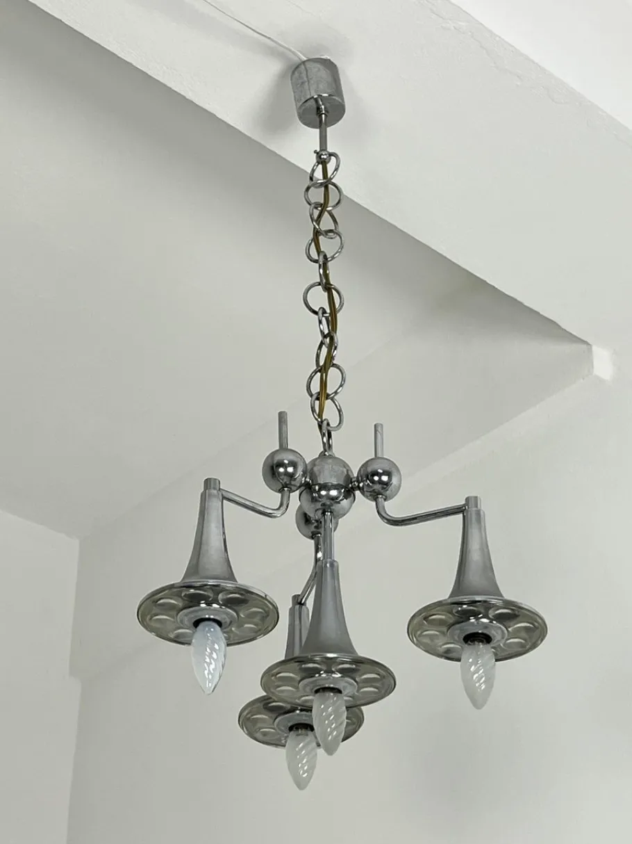 Hot Pamono Vintage Four-Light Chandelier in Steel and Murano Glass in the style of Reggiani, 1960s