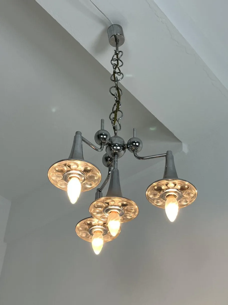 Hot Pamono Vintage Four-Light Chandelier in Steel and Murano Glass in the style of Reggiani, 1960s