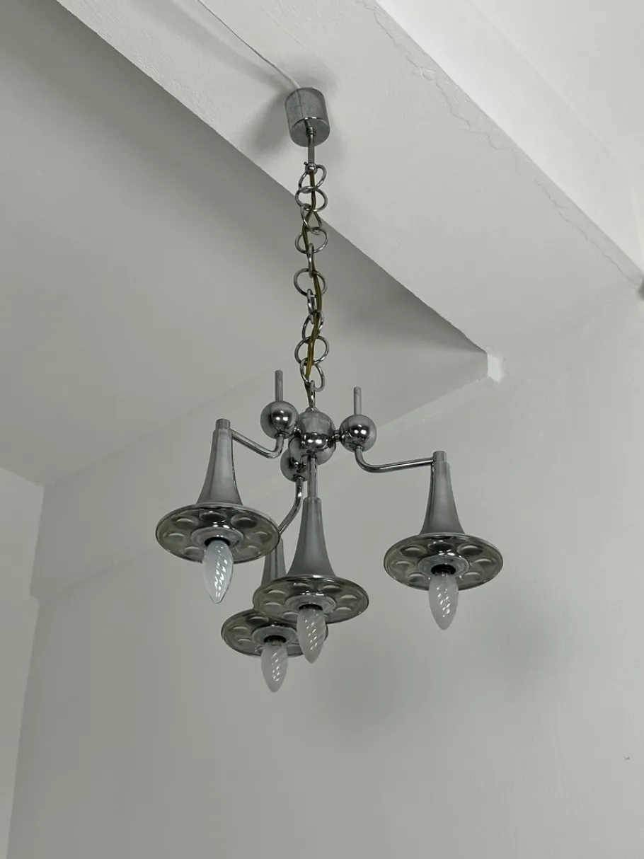 Hot Pamono Vintage Four-Light Chandelier in Steel and Murano Glass in the style of Reggiani, 1960s