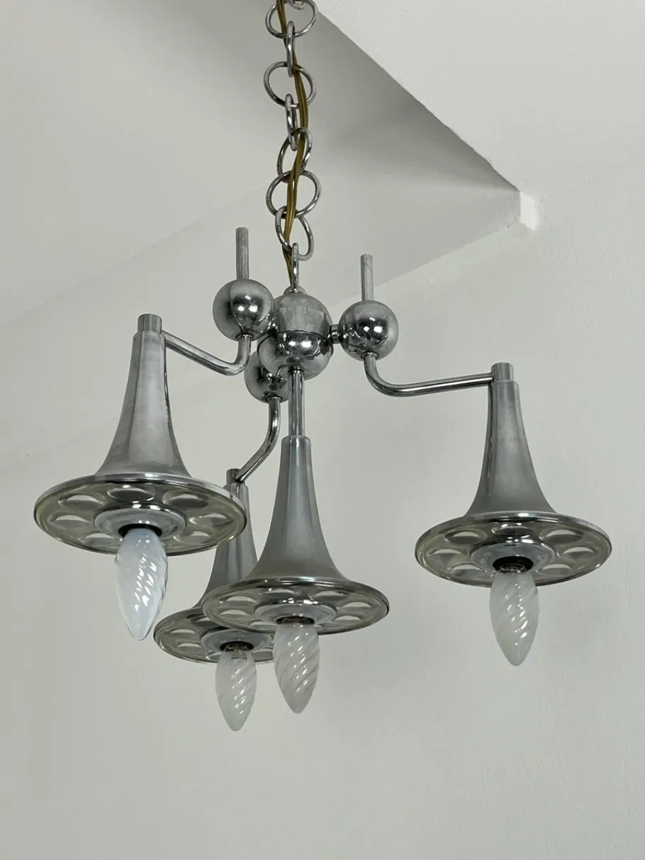 Hot Pamono Vintage Four-Light Chandelier in Steel and Murano Glass in the style of Reggiani, 1960s