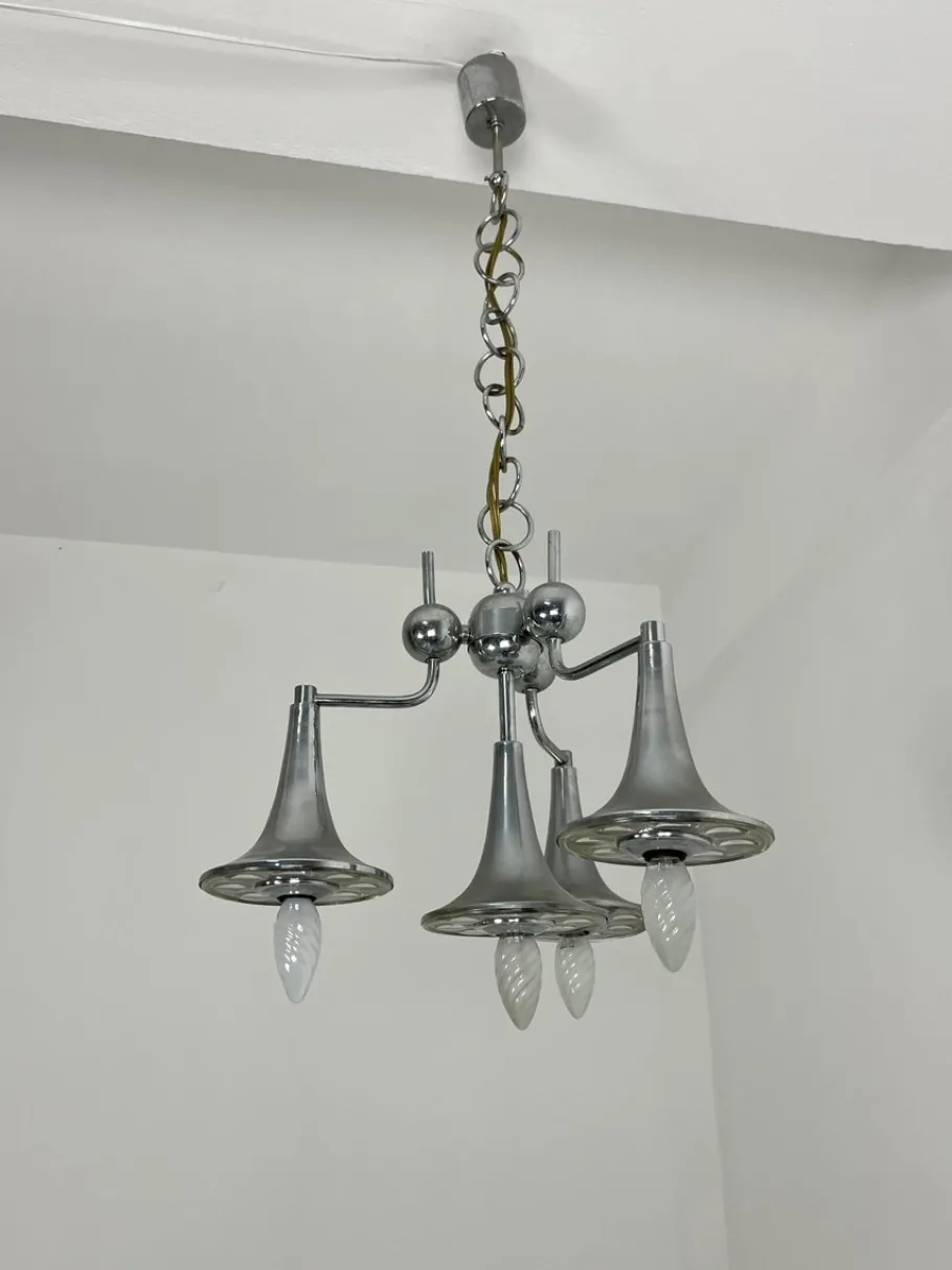 Hot Pamono Vintage Four-Light Chandelier in Steel and Murano Glass in the style of Reggiani, 1960s