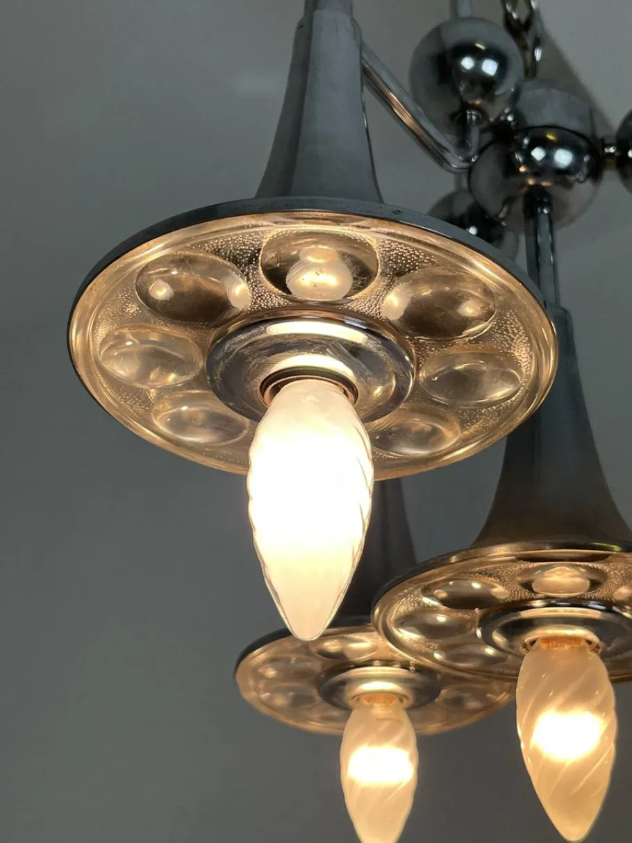 Hot Pamono Vintage Four-Light Chandelier in Steel and Murano Glass in the style of Reggiani, 1960s