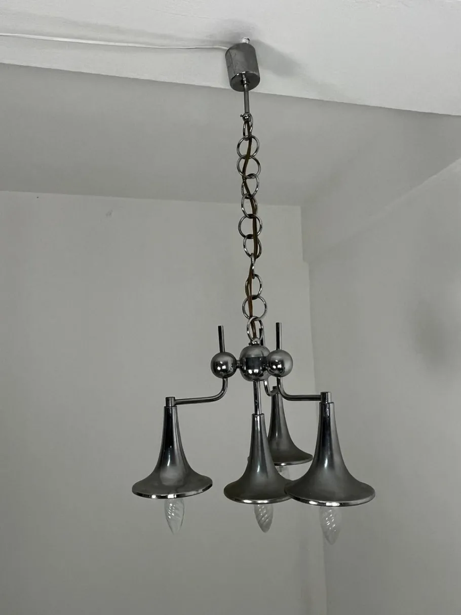 Hot Pamono Vintage Four-Light Chandelier in Steel and Murano Glass in the style of Reggiani, 1960s