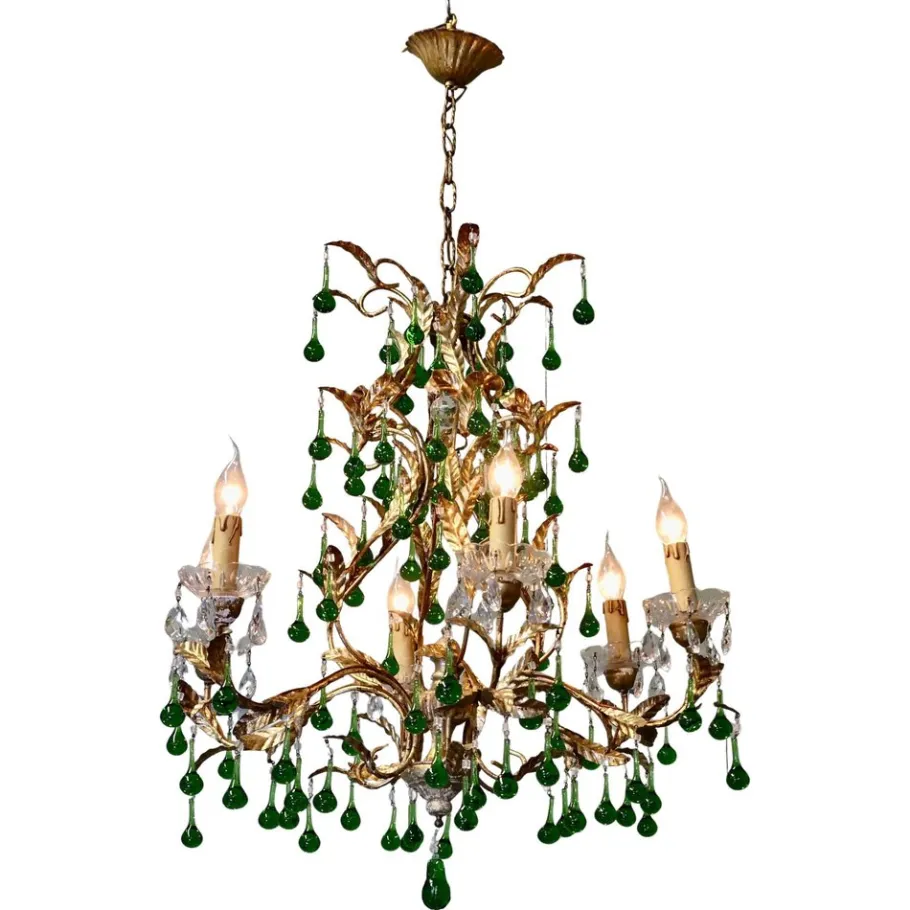 Discount Pamono Vintage French Emerald Green and Gold Six-Arm Chandelier, 1920