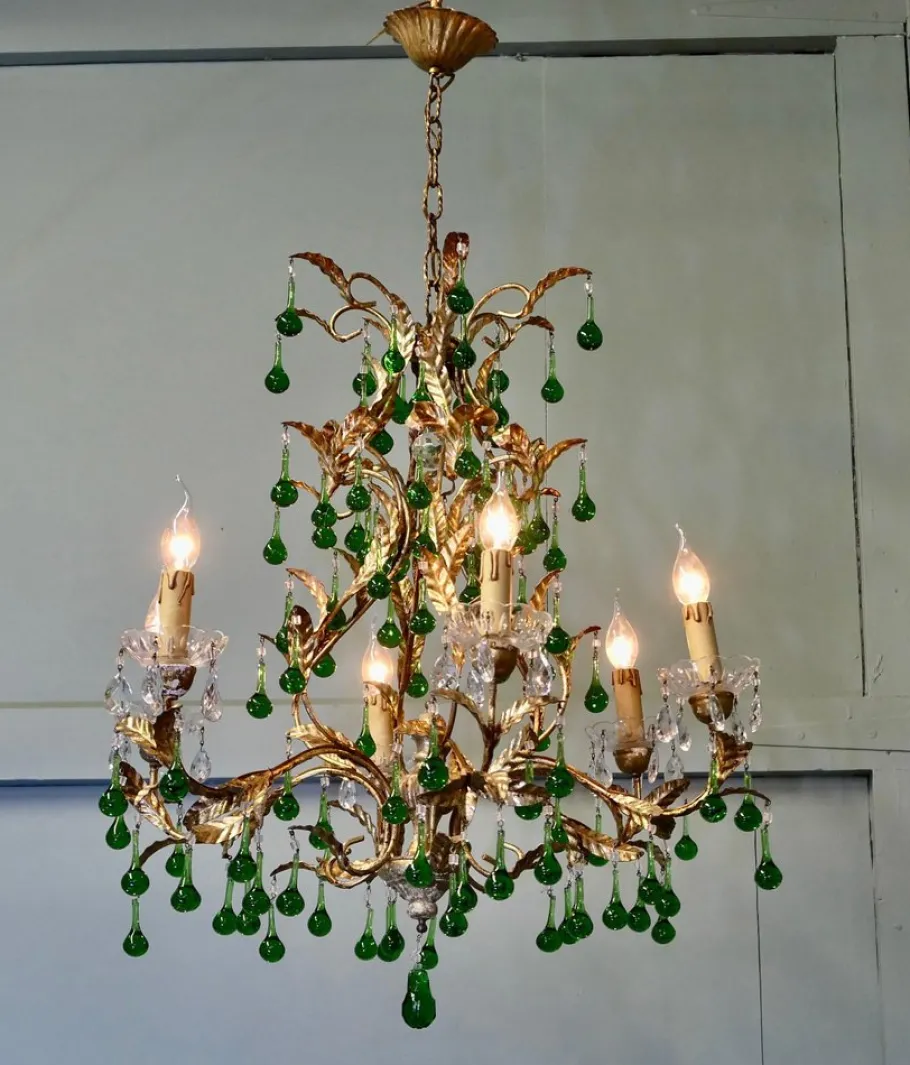 Discount Pamono Vintage French Emerald Green and Gold Six-Arm Chandelier, 1920