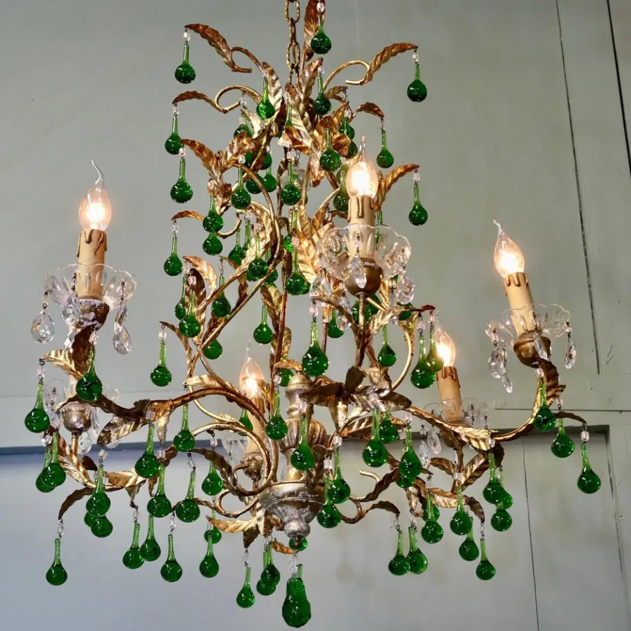 Discount Pamono Vintage French Emerald Green and Gold Six-Arm Chandelier, 1920
