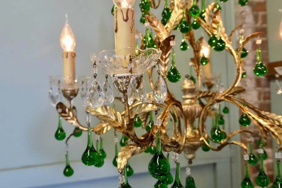 Discount Pamono Vintage French Emerald Green and Gold Six-Arm Chandelier, 1920