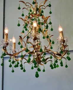 Discount Pamono Vintage French Emerald Green and Gold Six-Arm Chandelier, 1920