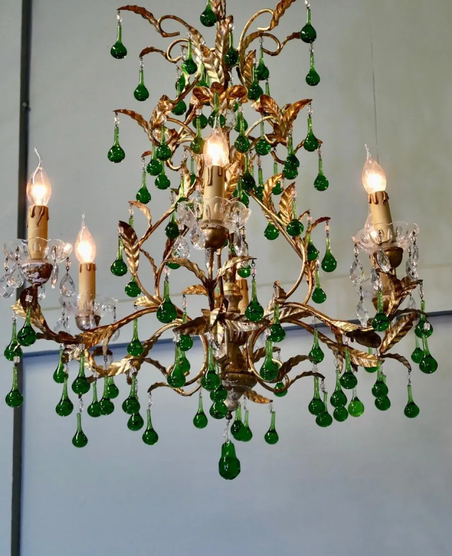 Discount Pamono Vintage French Emerald Green and Gold Six-Arm Chandelier, 1920