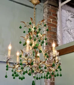 Discount Pamono Vintage French Emerald Green and Gold Six-Arm Chandelier, 1920