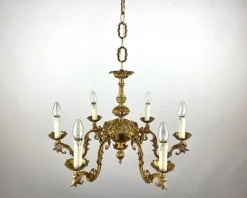 New Pamono Vintage French Gilt Brass 6-Arm Chandelier, 1960s