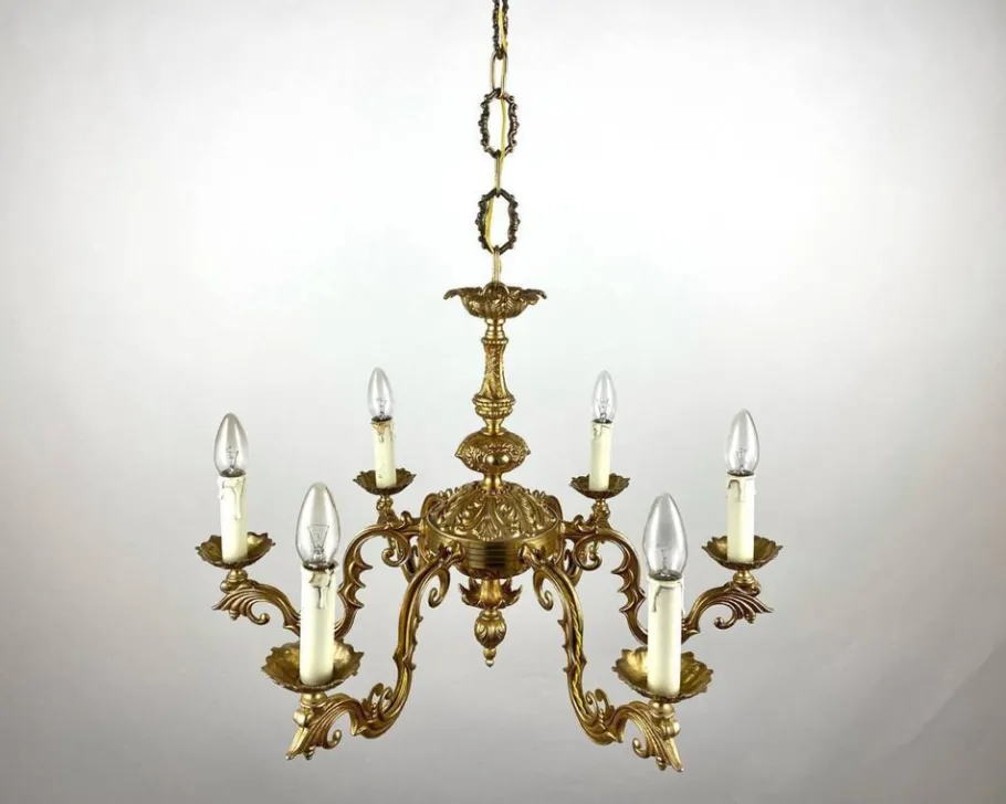 New Pamono Vintage French Gilt Brass 6-Arm Chandelier, 1960s