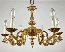 New Pamono Vintage French Gilt Brass 6-Arm Chandelier, 1960s