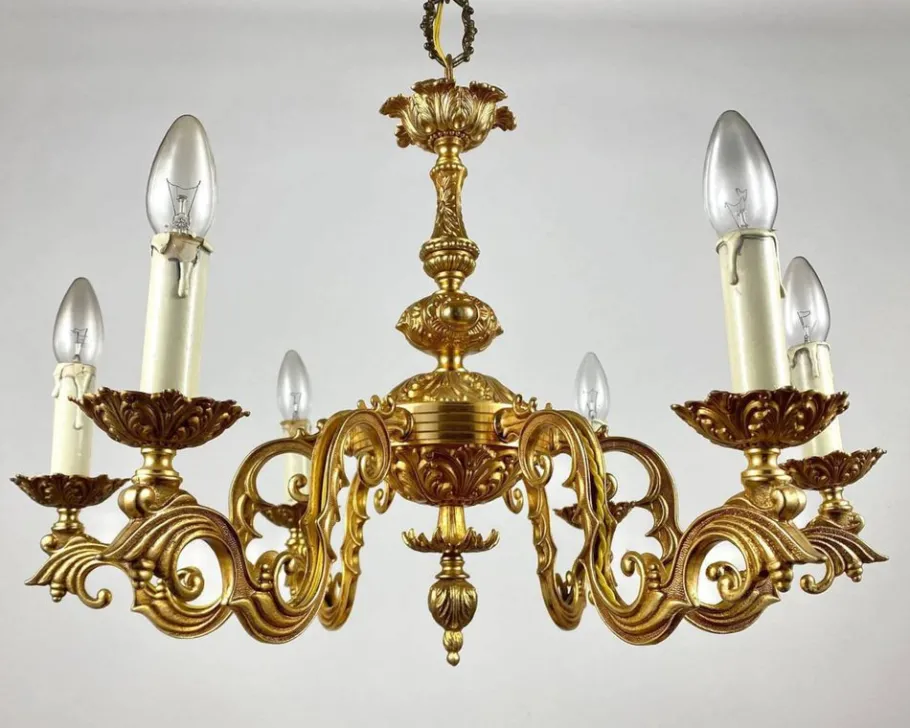 New Pamono Vintage French Gilt Brass 6-Arm Chandelier, 1960s