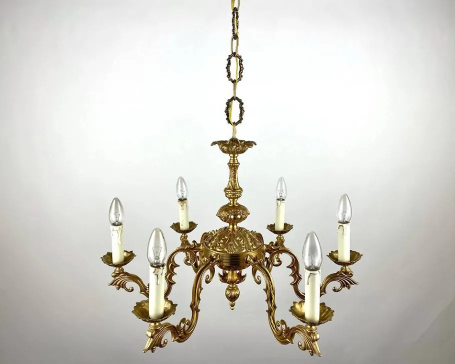 New Pamono Vintage French Gilt Brass 6-Arm Chandelier, 1960s