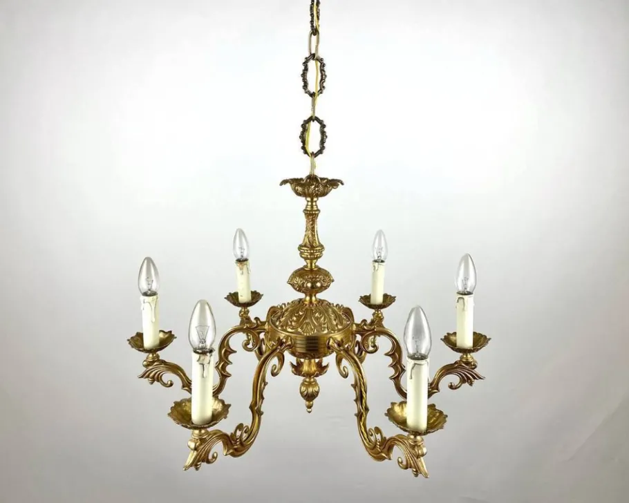 New Pamono Vintage French Gilt Brass 6-Arm Chandelier, 1960s