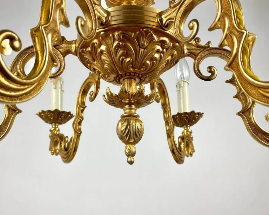 New Pamono Vintage French Gilt Brass 6-Arm Chandelier, 1960s