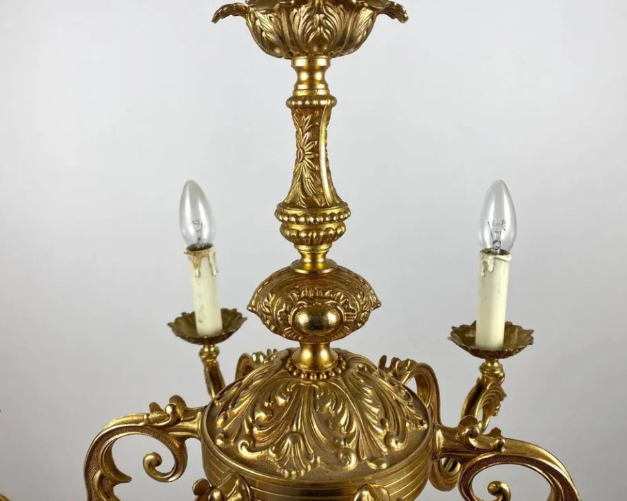 New Pamono Vintage French Gilt Brass 6-Arm Chandelier, 1960s