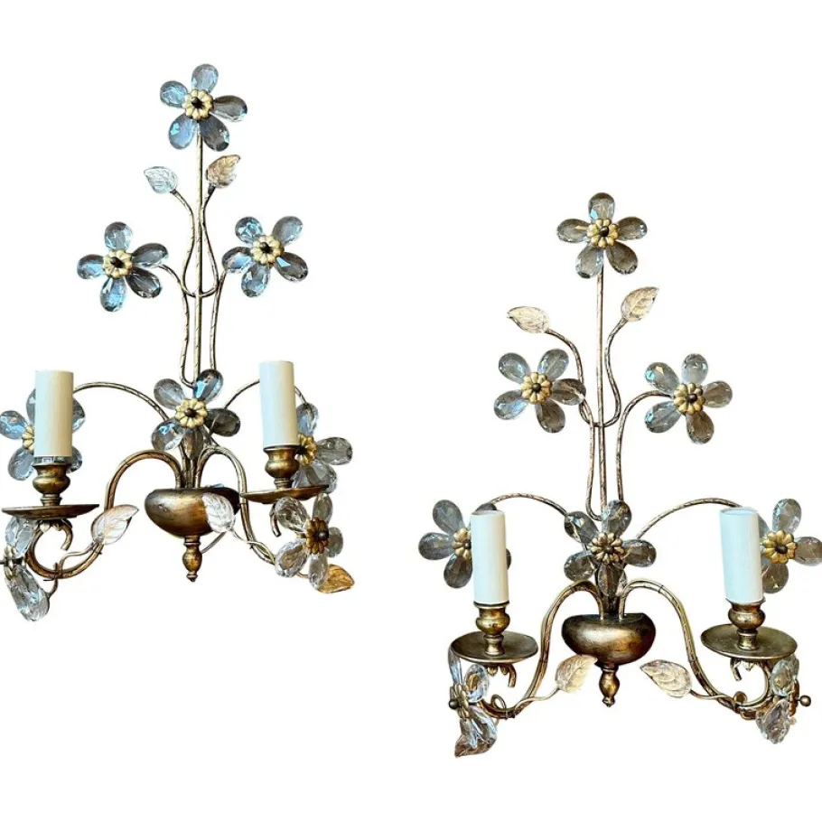 Best Pamono Vintage French Gilt Metal and Cut Glass Wall Lights, 1930, Set of 2