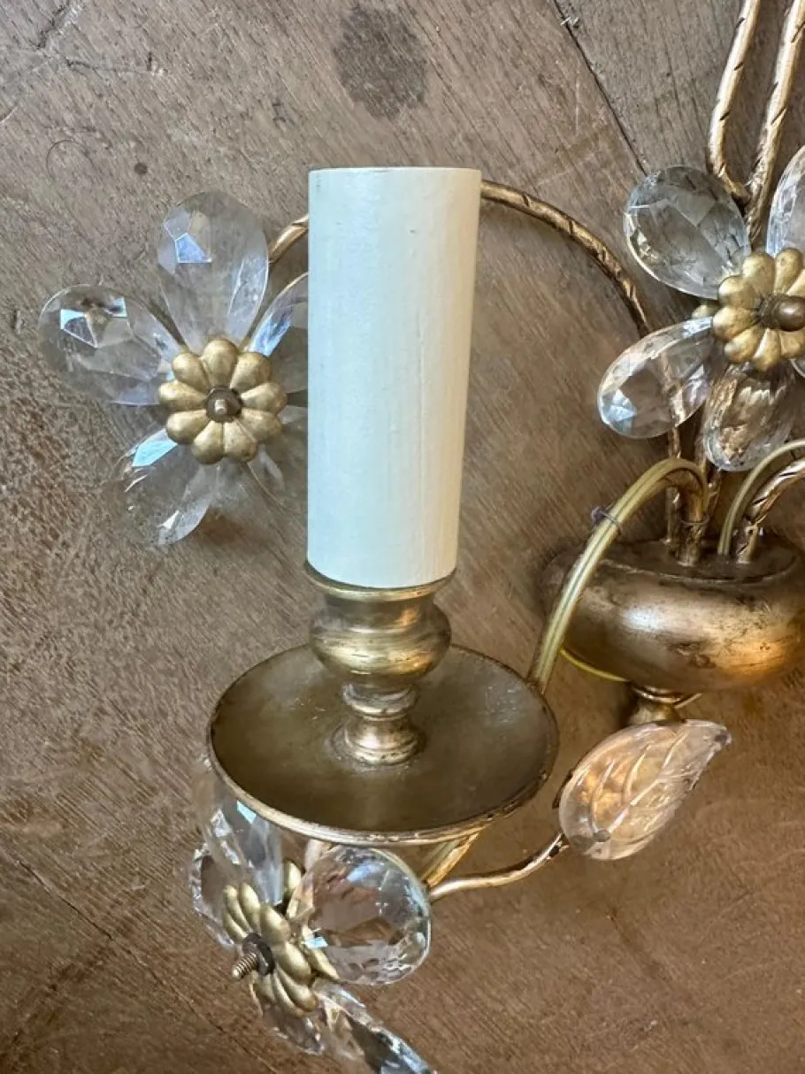Best Pamono Vintage French Gilt Metal and Cut Glass Wall Lights, 1930, Set of 2