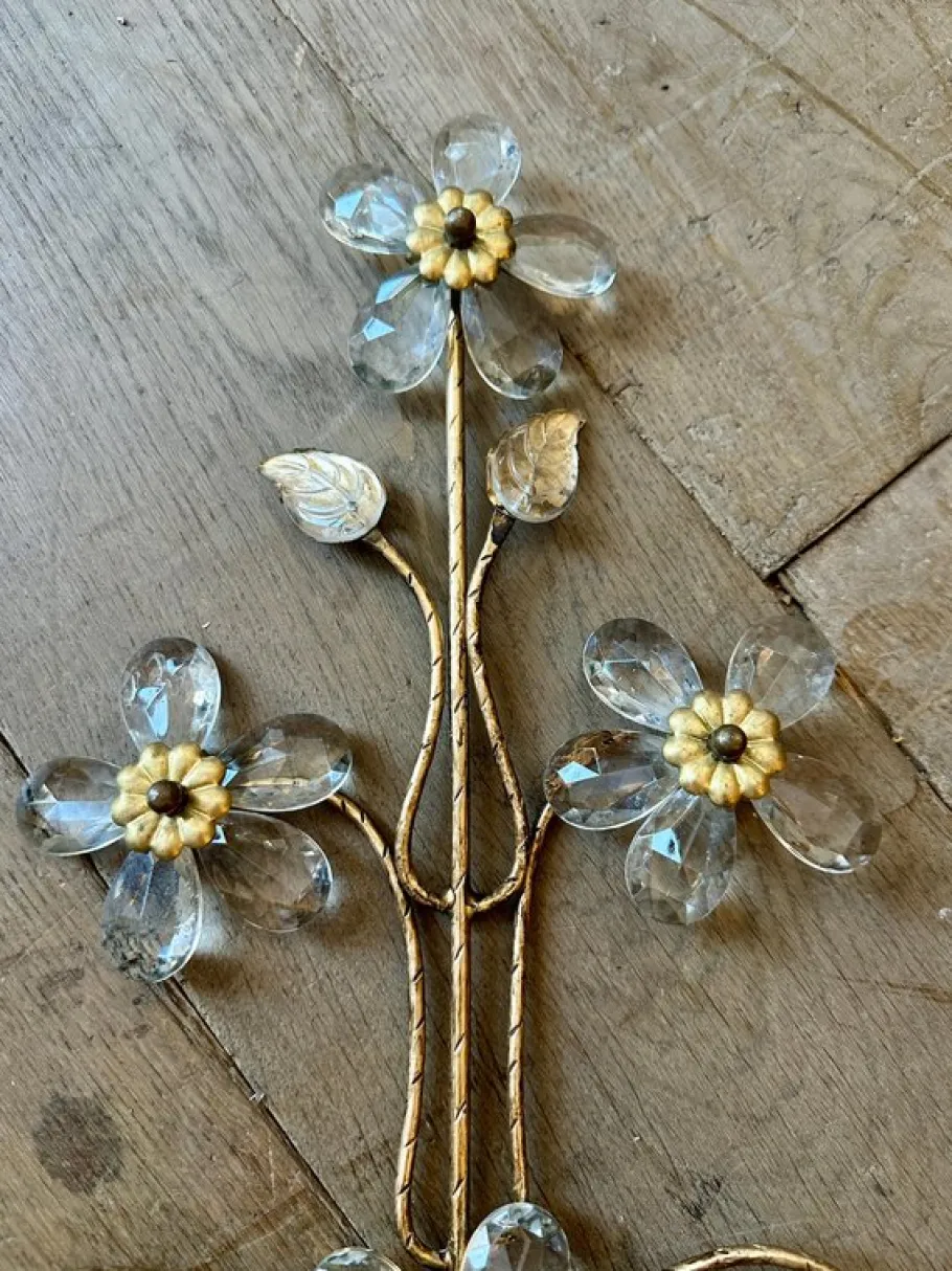 Best Pamono Vintage French Gilt Metal and Cut Glass Wall Lights, 1930, Set of 2