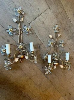 Best Pamono Vintage French Gilt Metal and Cut Glass Wall Lights, 1930, Set of 2