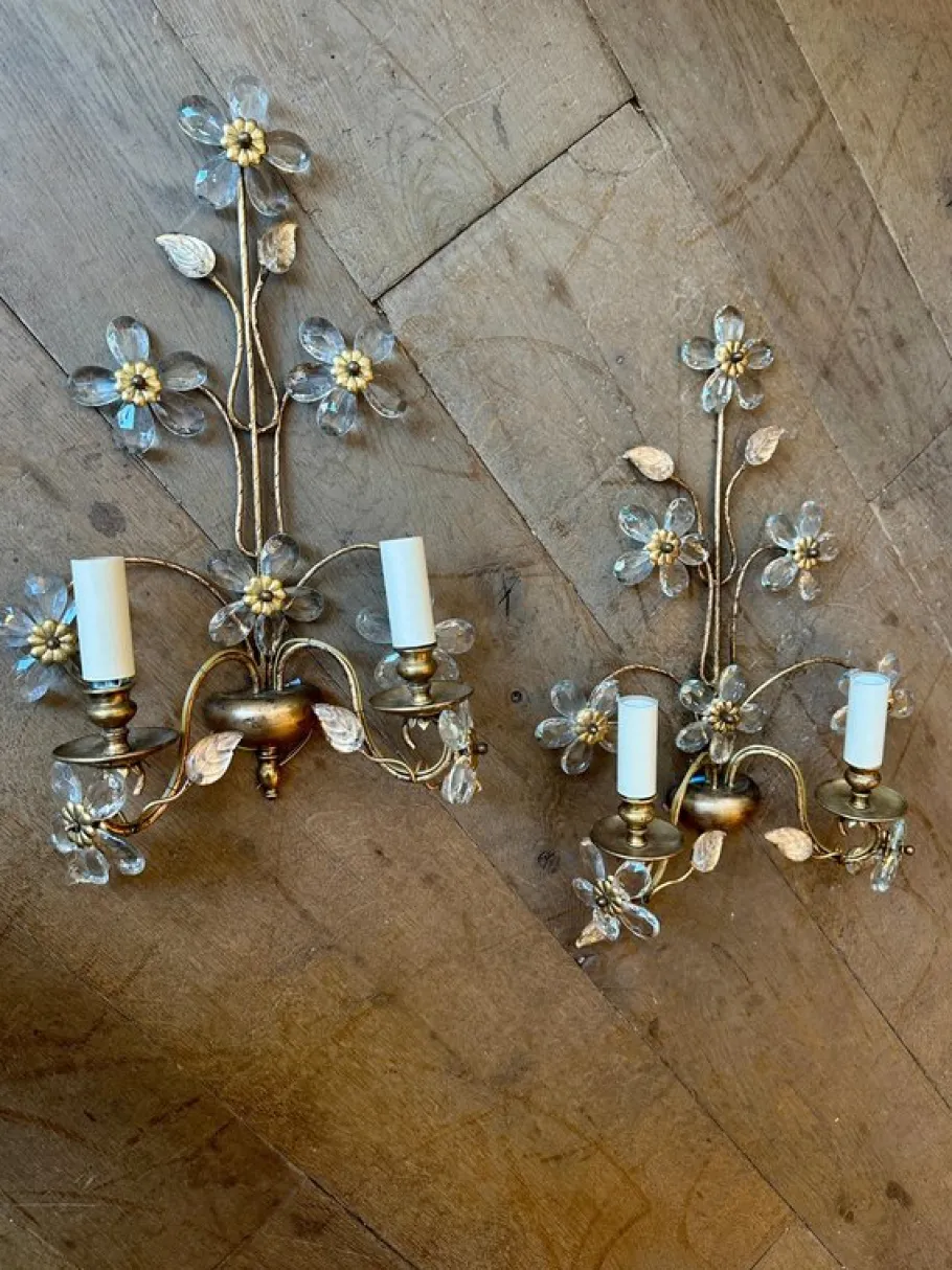 Best Pamono Vintage French Gilt Metal and Cut Glass Wall Lights, 1930, Set of 2