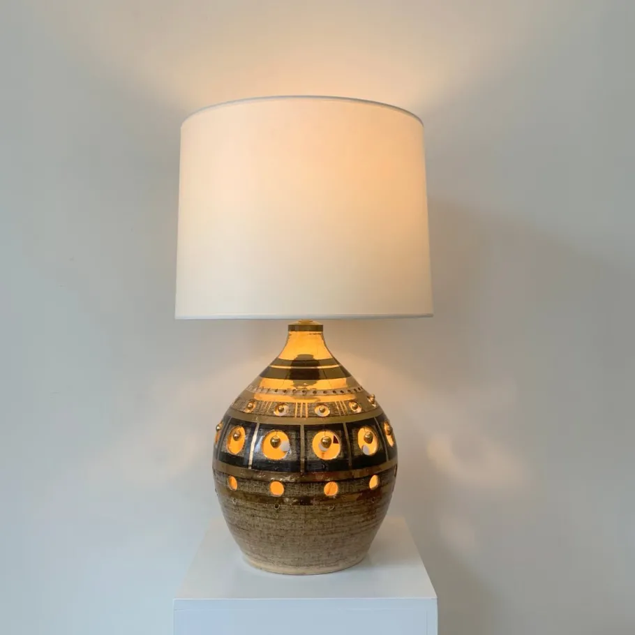 Pamono Vintage French Gold and Brown Ceramic Table Lamp by Georges Pelletier, 1970