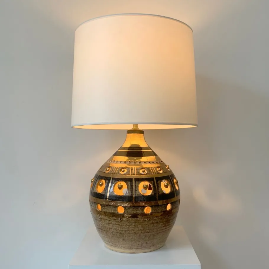 Pamono Vintage French Gold and Brown Ceramic Table Lamp by Georges Pelletier, 1970