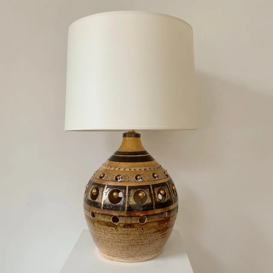 Pamono Vintage French Gold and Brown Ceramic Table Lamp by Georges Pelletier, 1970