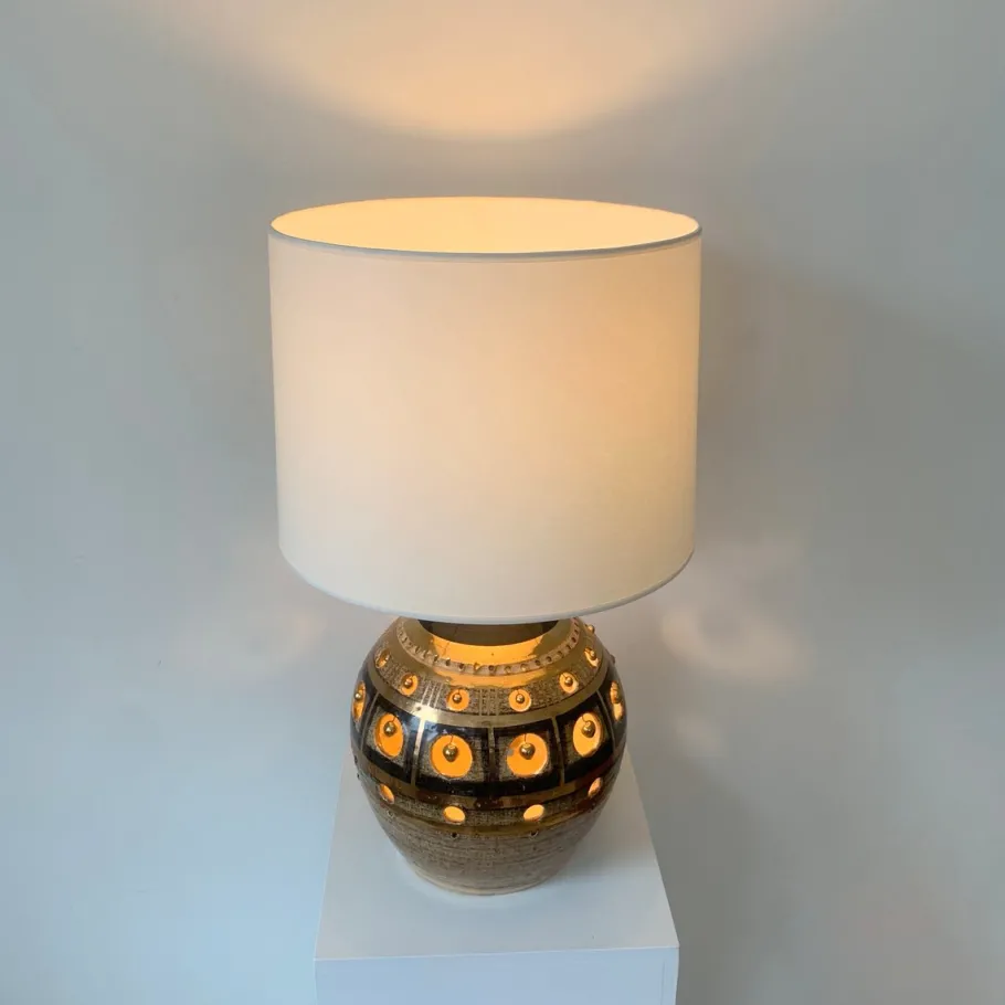 Pamono Vintage French Gold and Brown Ceramic Table Lamp by Georges Pelletier, 1970